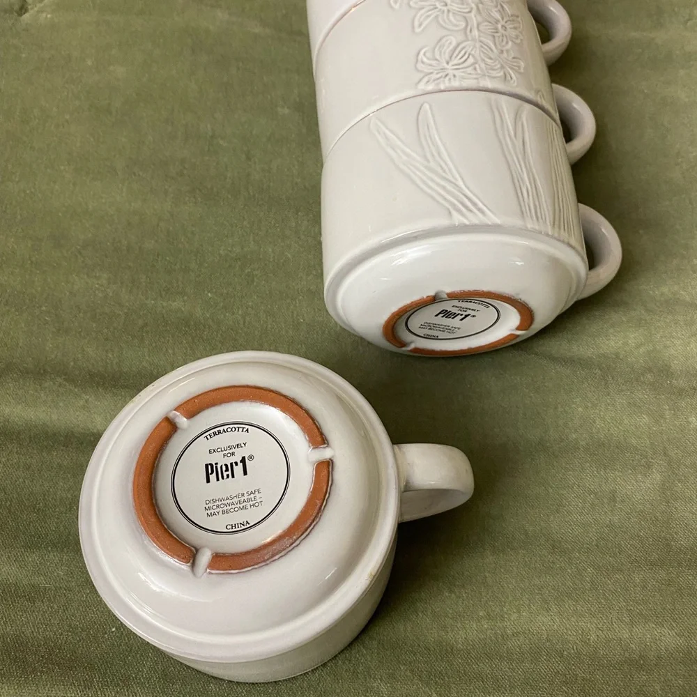 Pier 1 Imports White Floral Butterflies Stacking Mug 8oz Set of 4. UBM